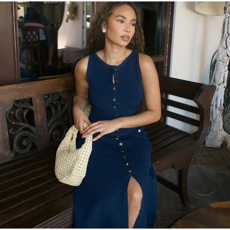 Button-Front Knit Midi Dress