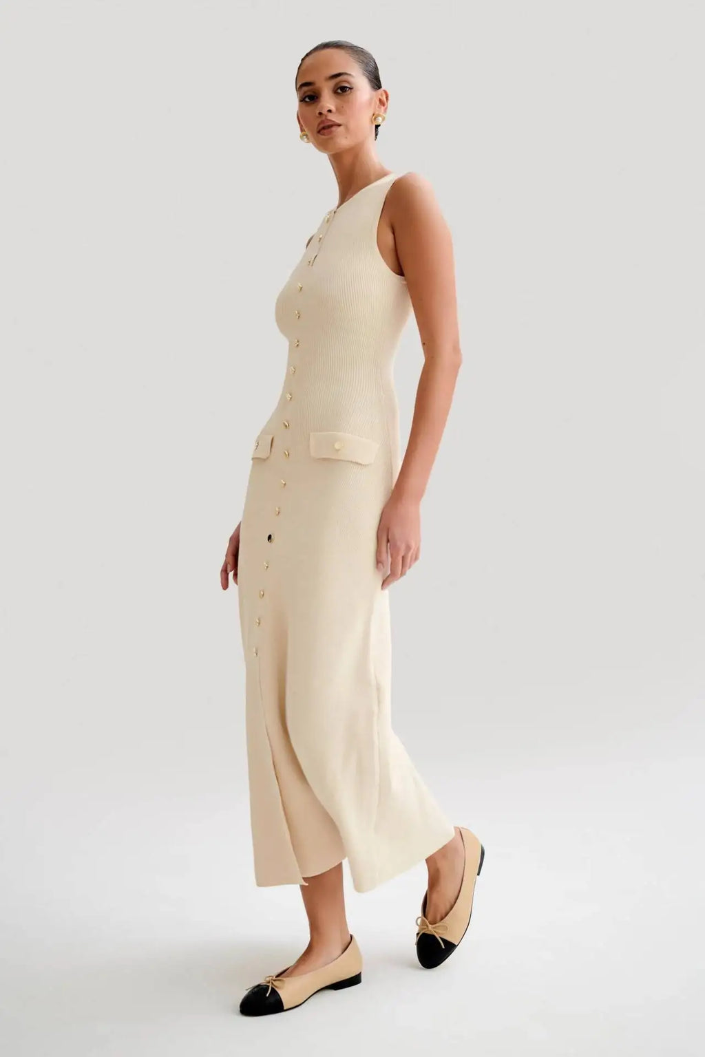 Button-Front Knit Midi Dress