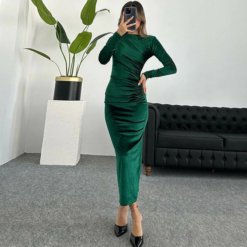 Ruched Velvet Midi Dress