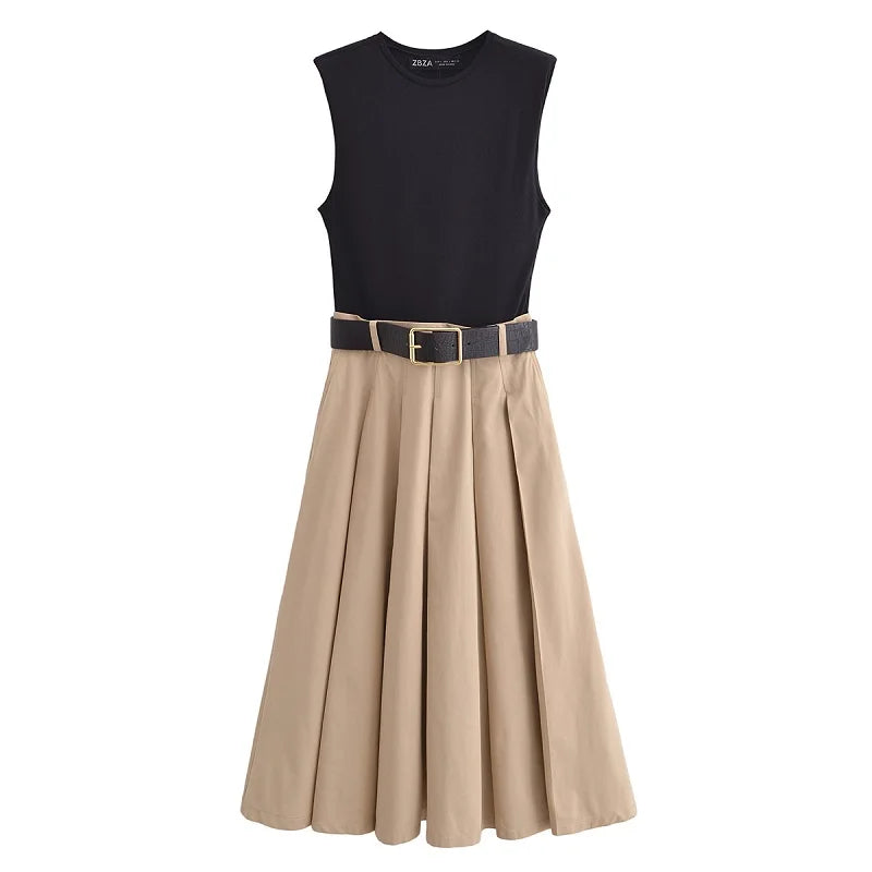 Belted Pleated Midi Dress
