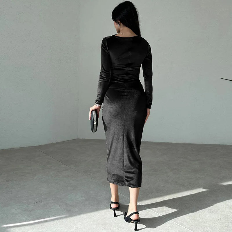 Ruched Velvet Midi Dress
