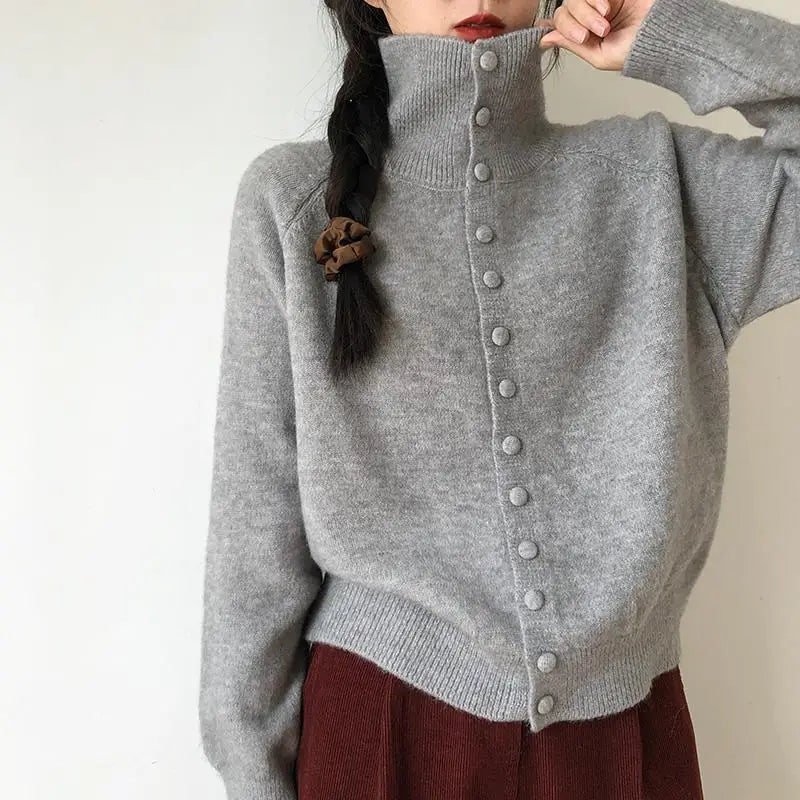Stand-Collar Button Cardigan