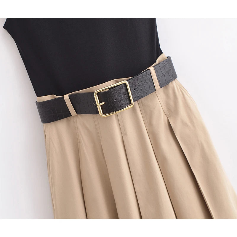 Belted Pleated Midi Dress