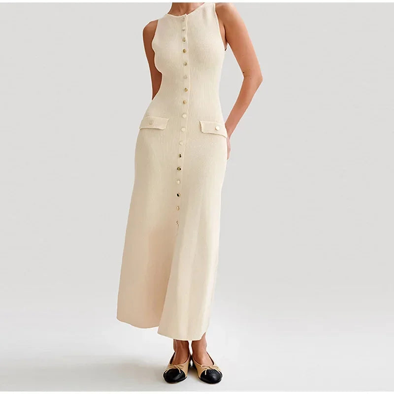 Button-Front Knit Midi Dress