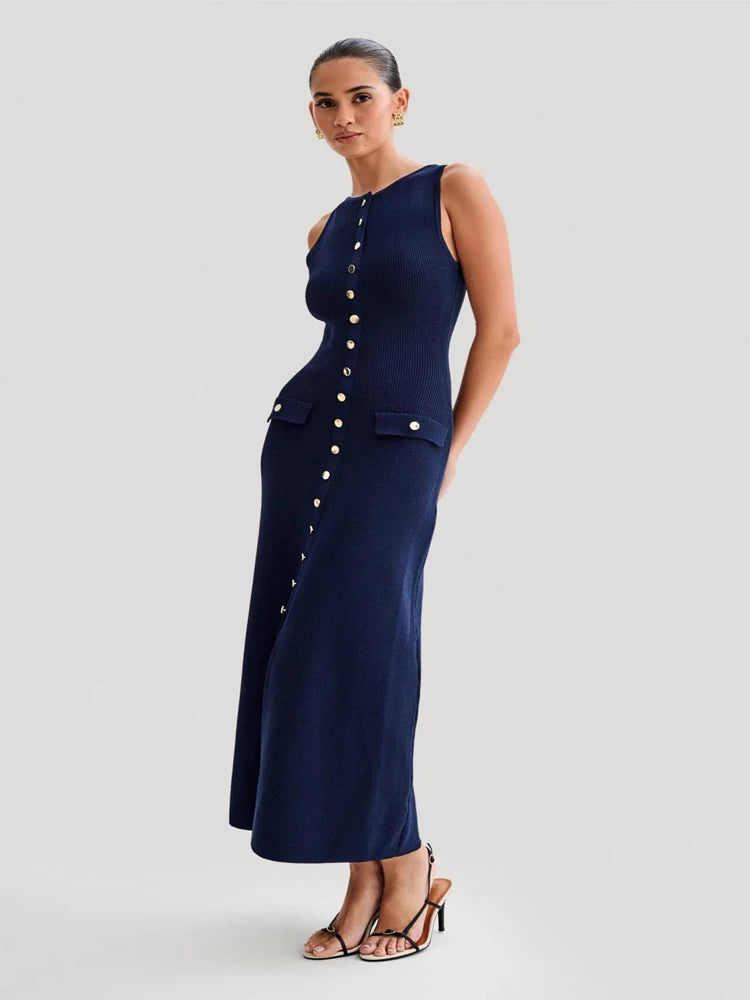 Button-Front Knit Midi Dress