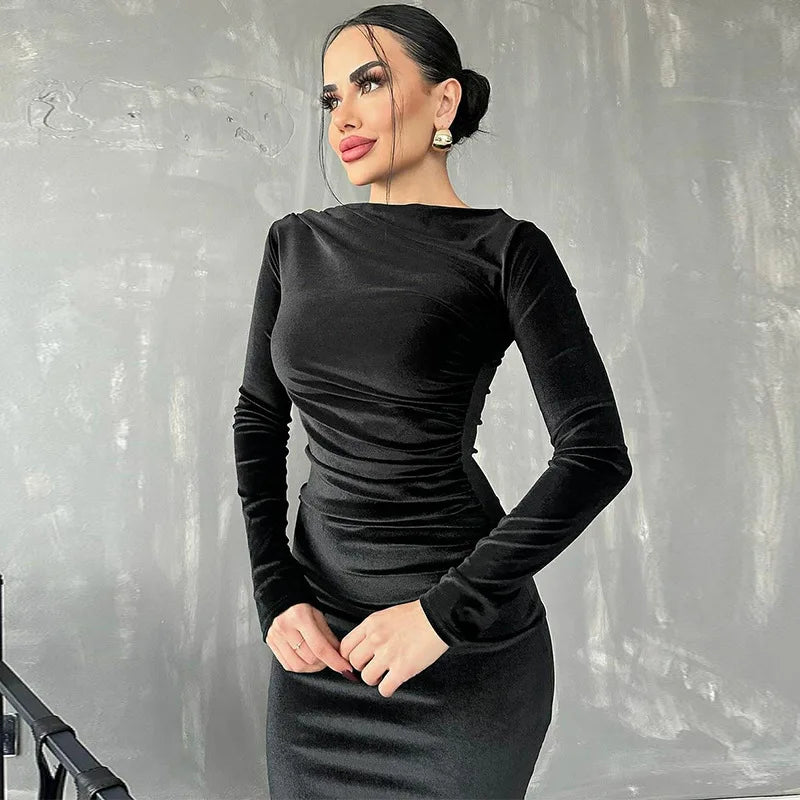 Ruched Velvet Midi Dress