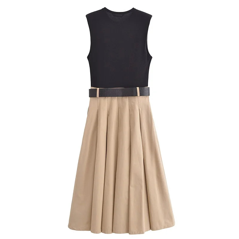 Belted Pleated Midi Dress