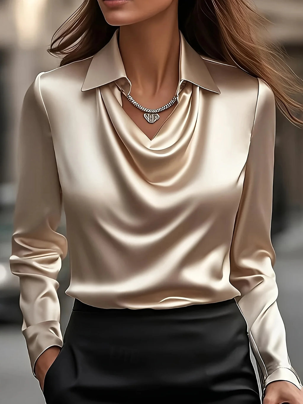 Draped Cowl-Neck Satin Blouse