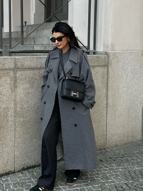 Belted Double-Breasted Long Coat