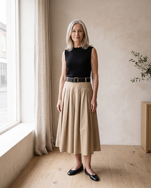 Belted Pleated Midi Dress in Black & Khaki