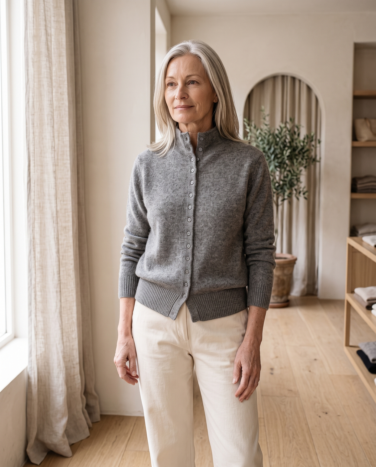Button-Front Knit Cardigan in Light Grey