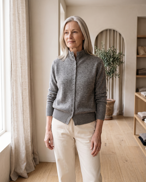 Button-Front Knit Cardigan in Light Grey