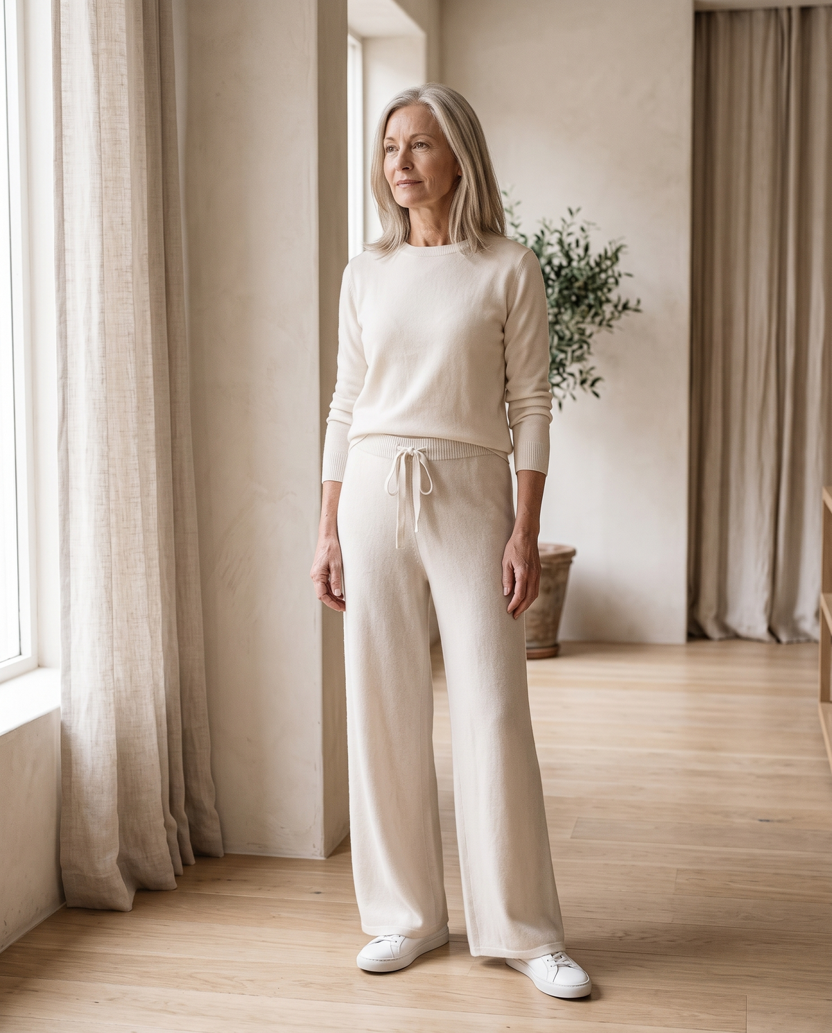 Soft Knit Wide-Leg Pants in Cream