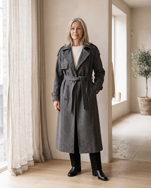 Belted Double-Breasted Long Coat in Grey