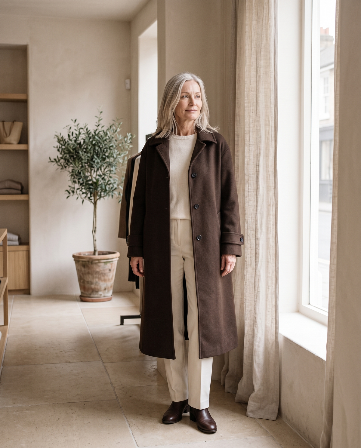 Long Notched-Collar Coat in Chocolate