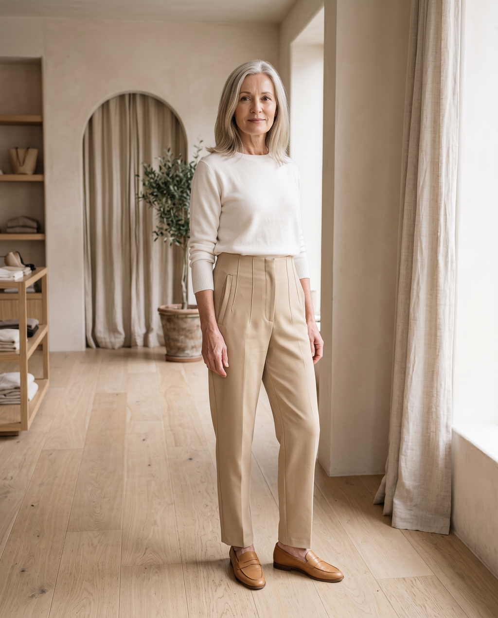 High-Waist Straight Trousers in Khaki
