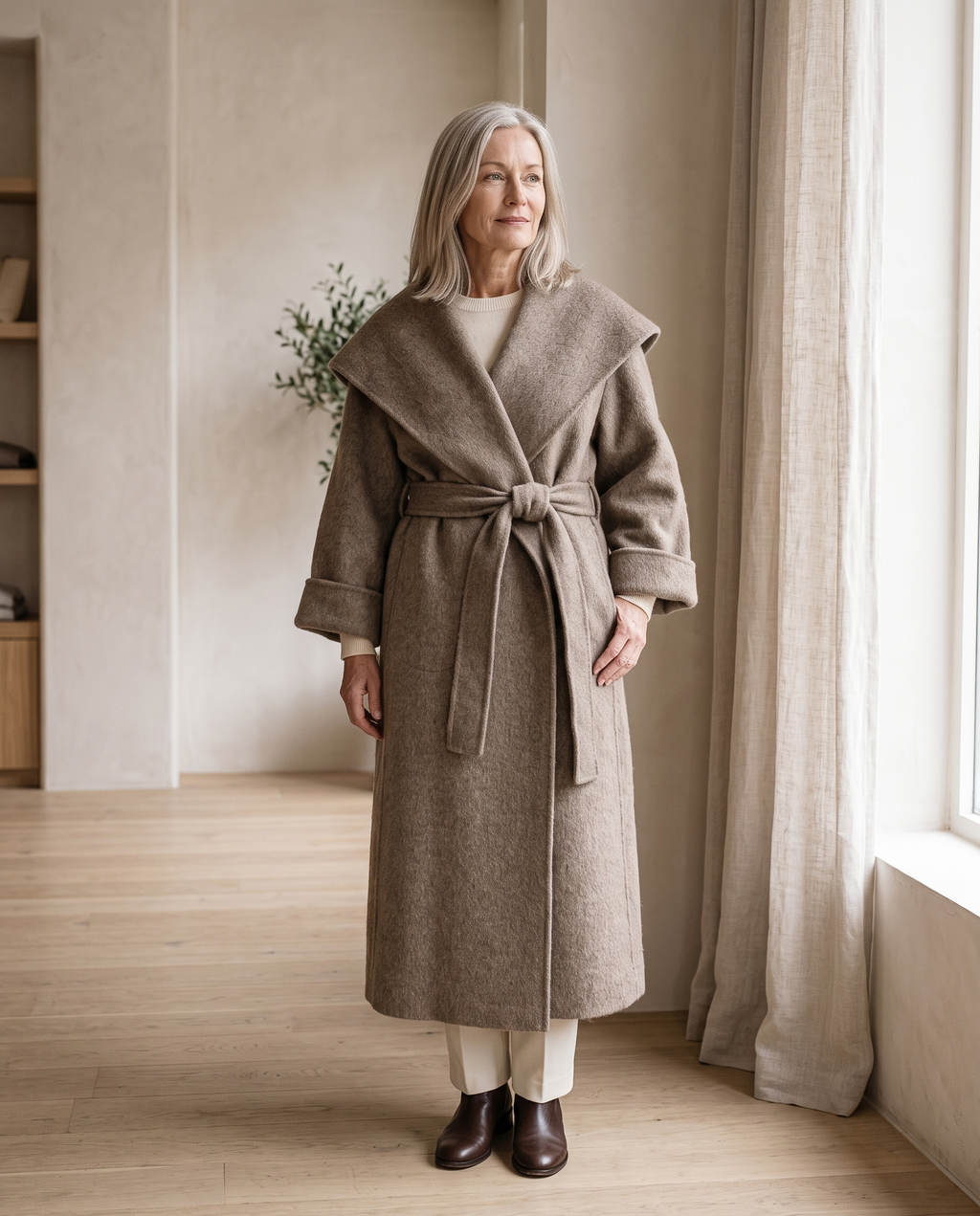Shawl-Collar Wrap Coat in Taupe