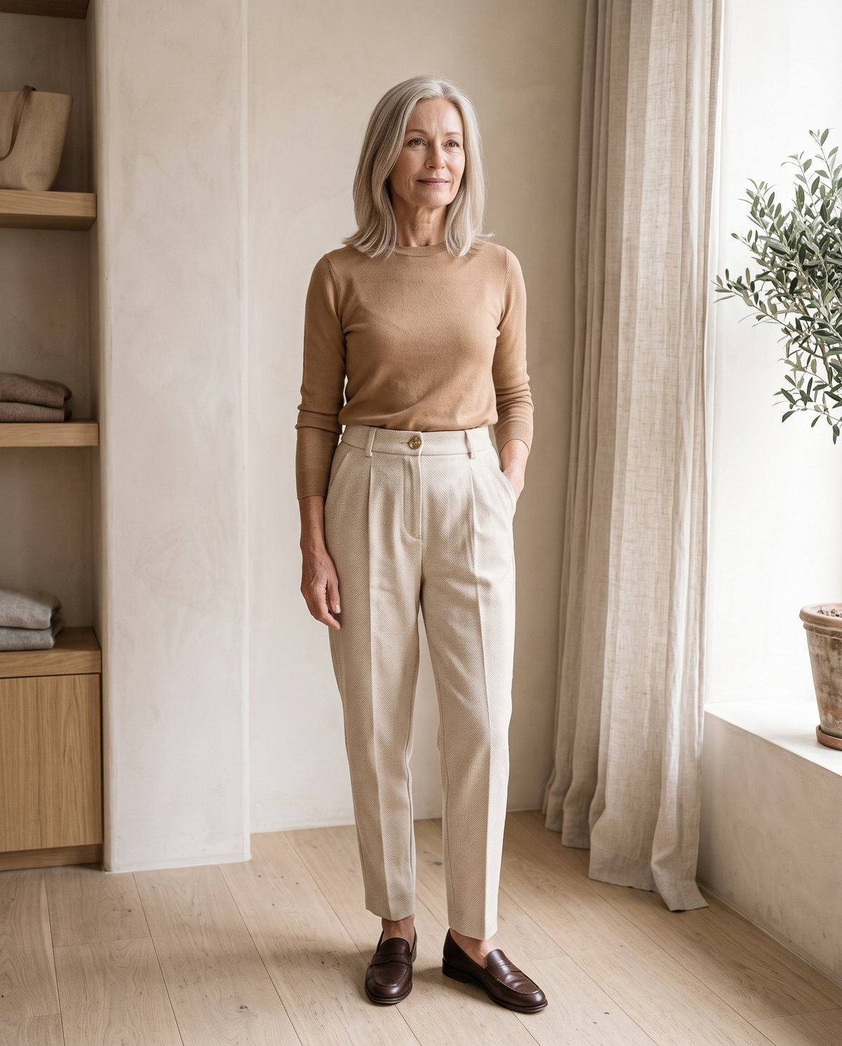 Herringbone Tapered Trousers in Cream