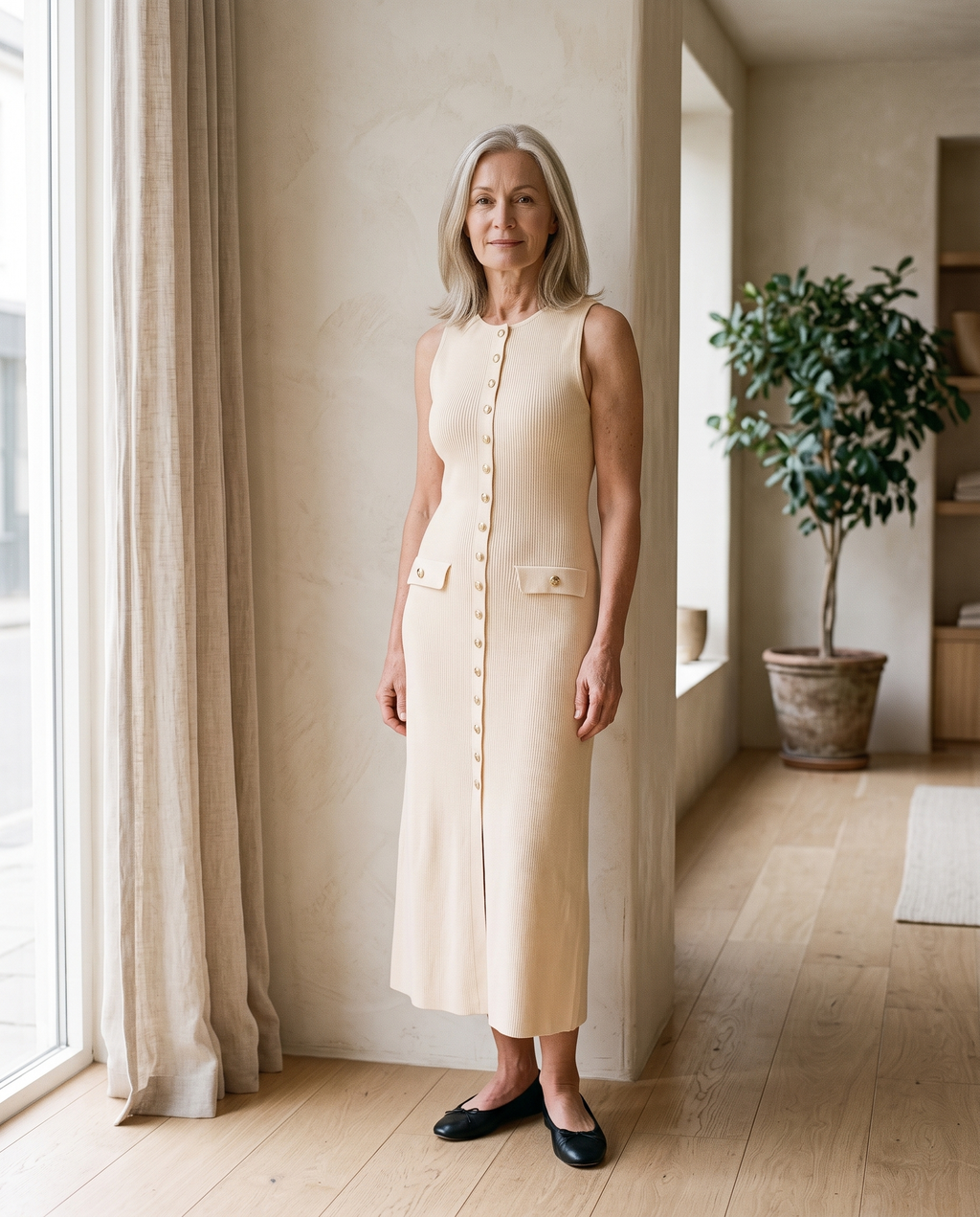 Button-Front Knit Midi Dress in Cream