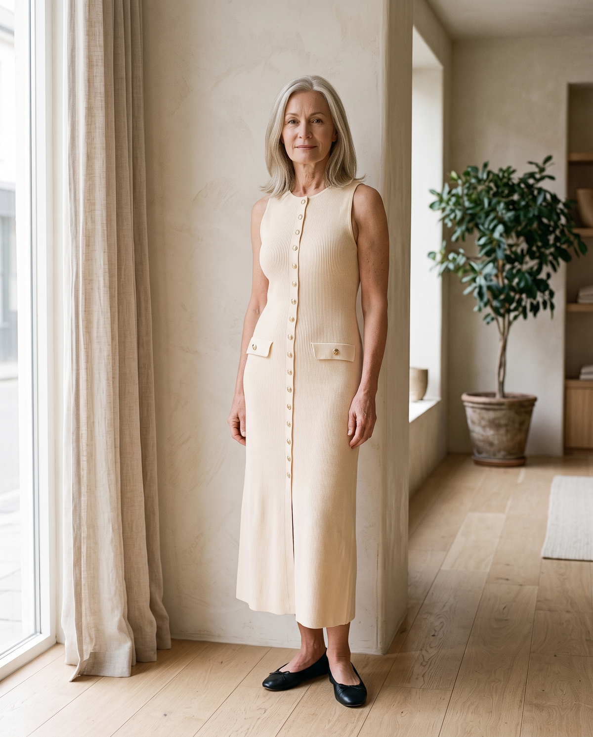 Button-Front Knit Midi Dress in Cream