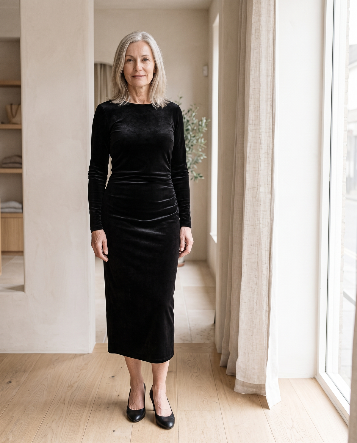 Ruched Velvet Midi Dress in Black