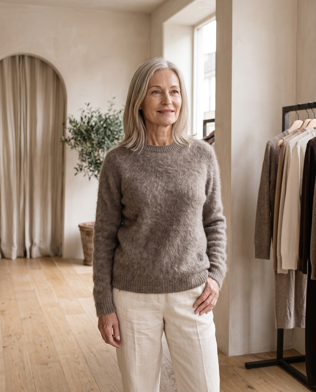 Brushed Knit Crew-Neck Sweater in Taupe