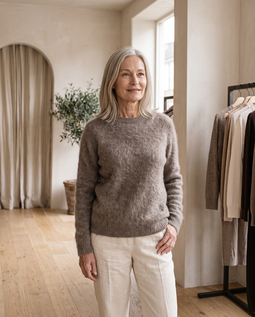 Brushed Knit Crew-Neck Sweater in Taupe