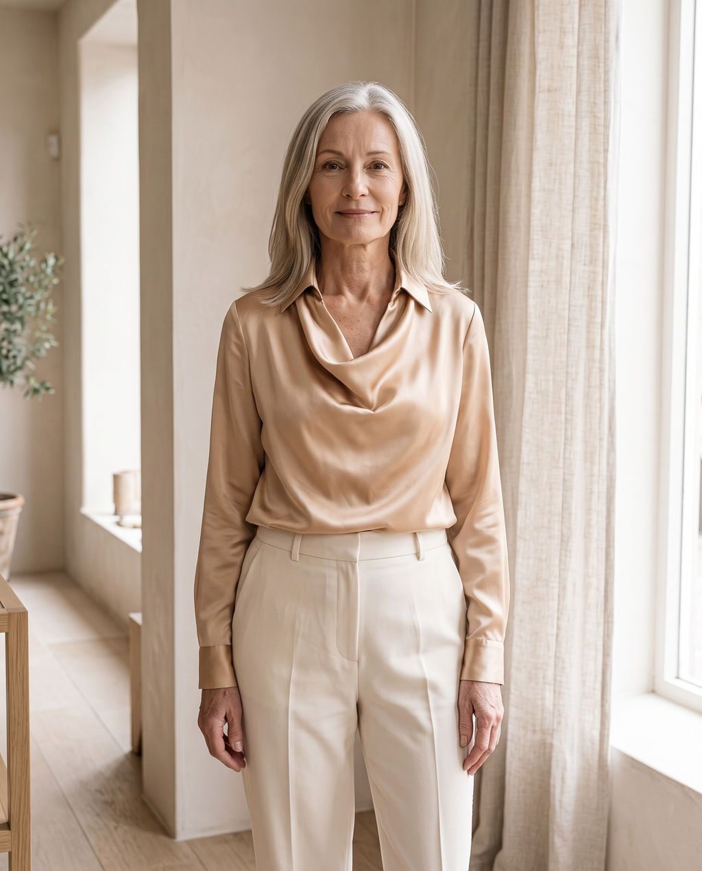 Draped Cowl-Neck Satin Blouse in Champagne