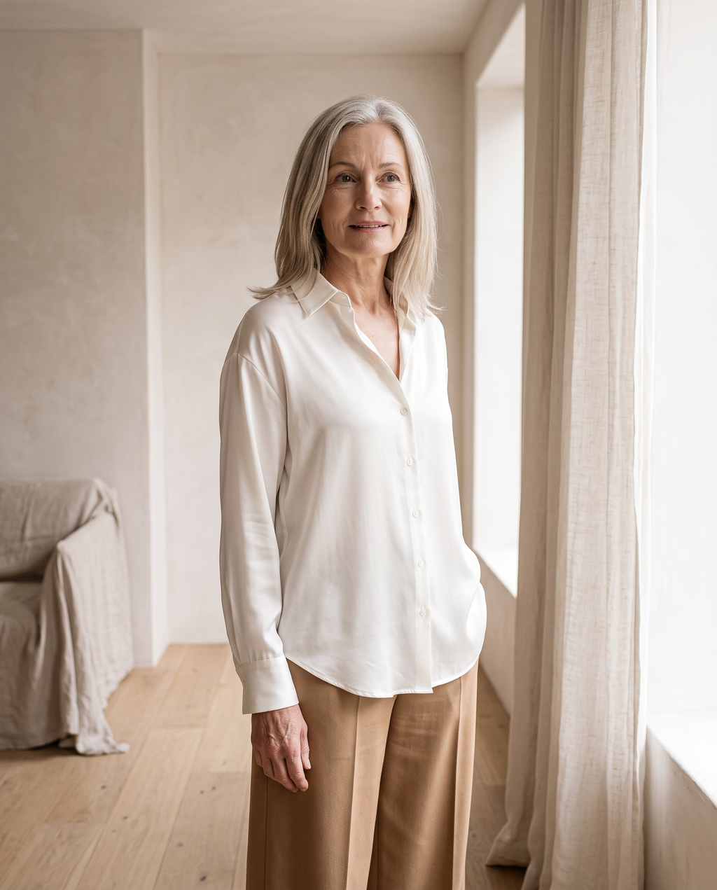 Relaxed Satin Shirt in White
