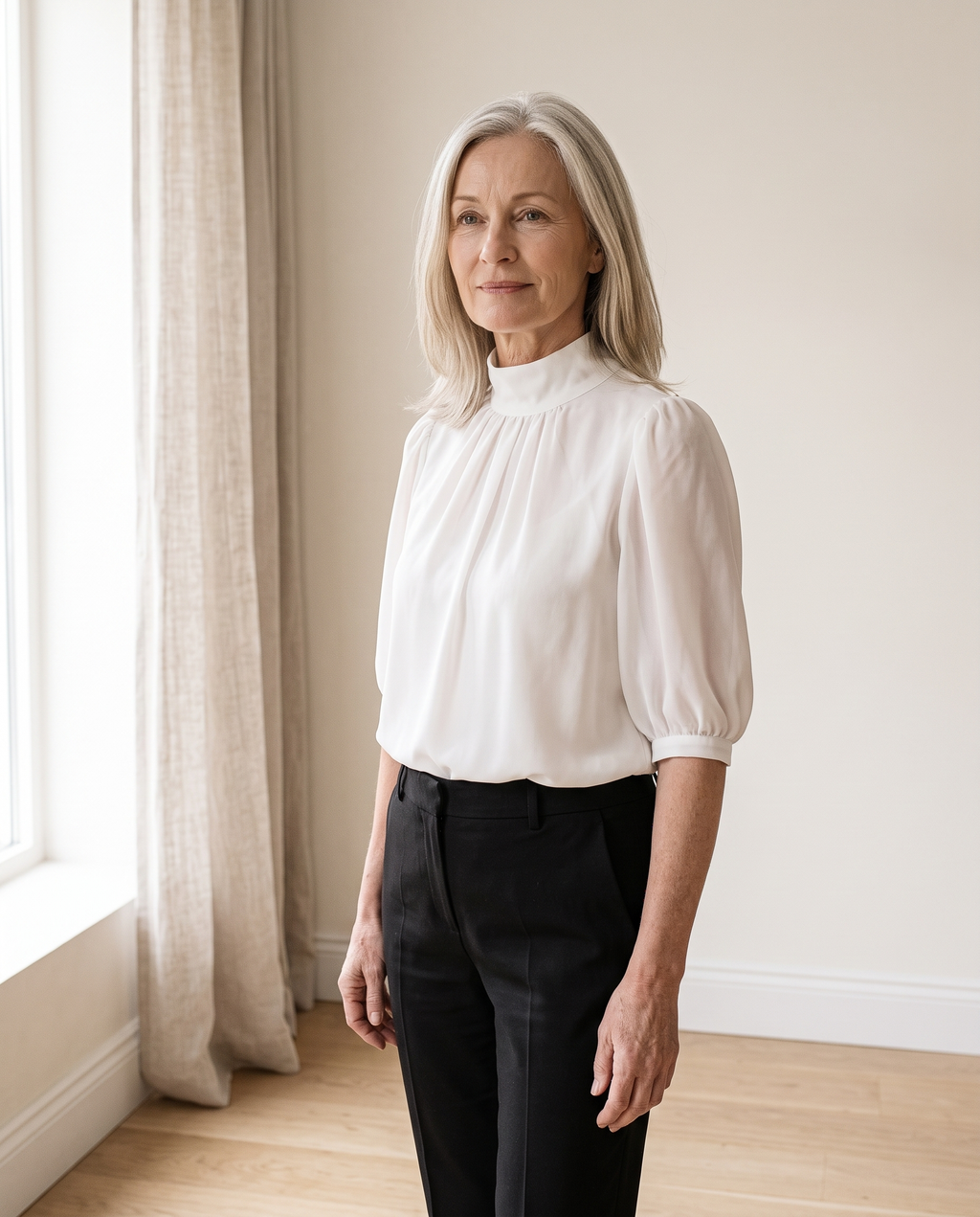 High-Neck Chiffon Blouse in White