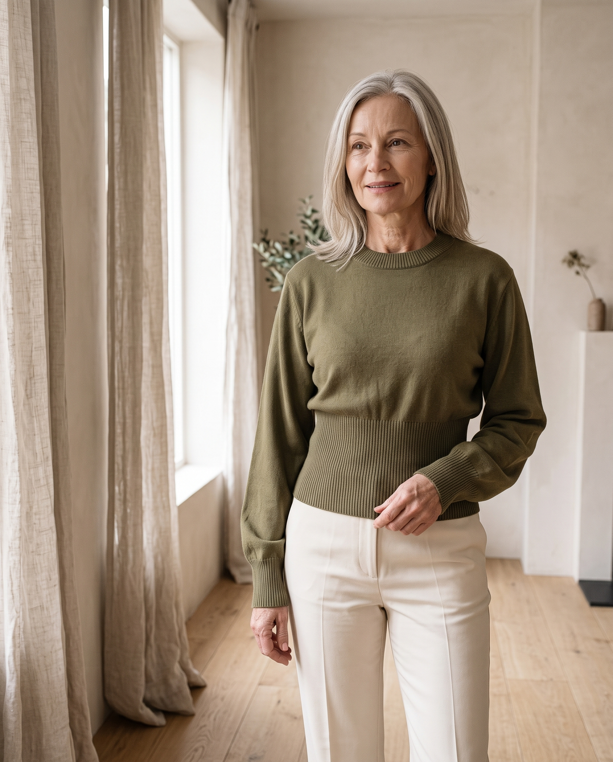 Ribbed-Hem Crew-Neck Sweater in Olive