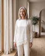 Lace-Hem Satin Blouse in White