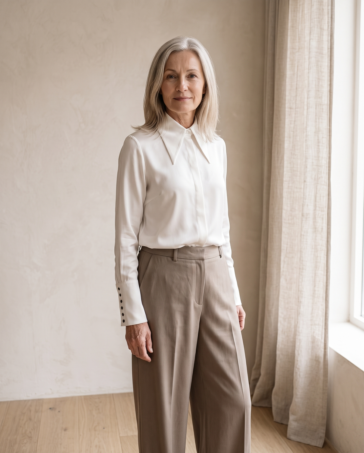 Pointed-Collar Satin Shirt in White