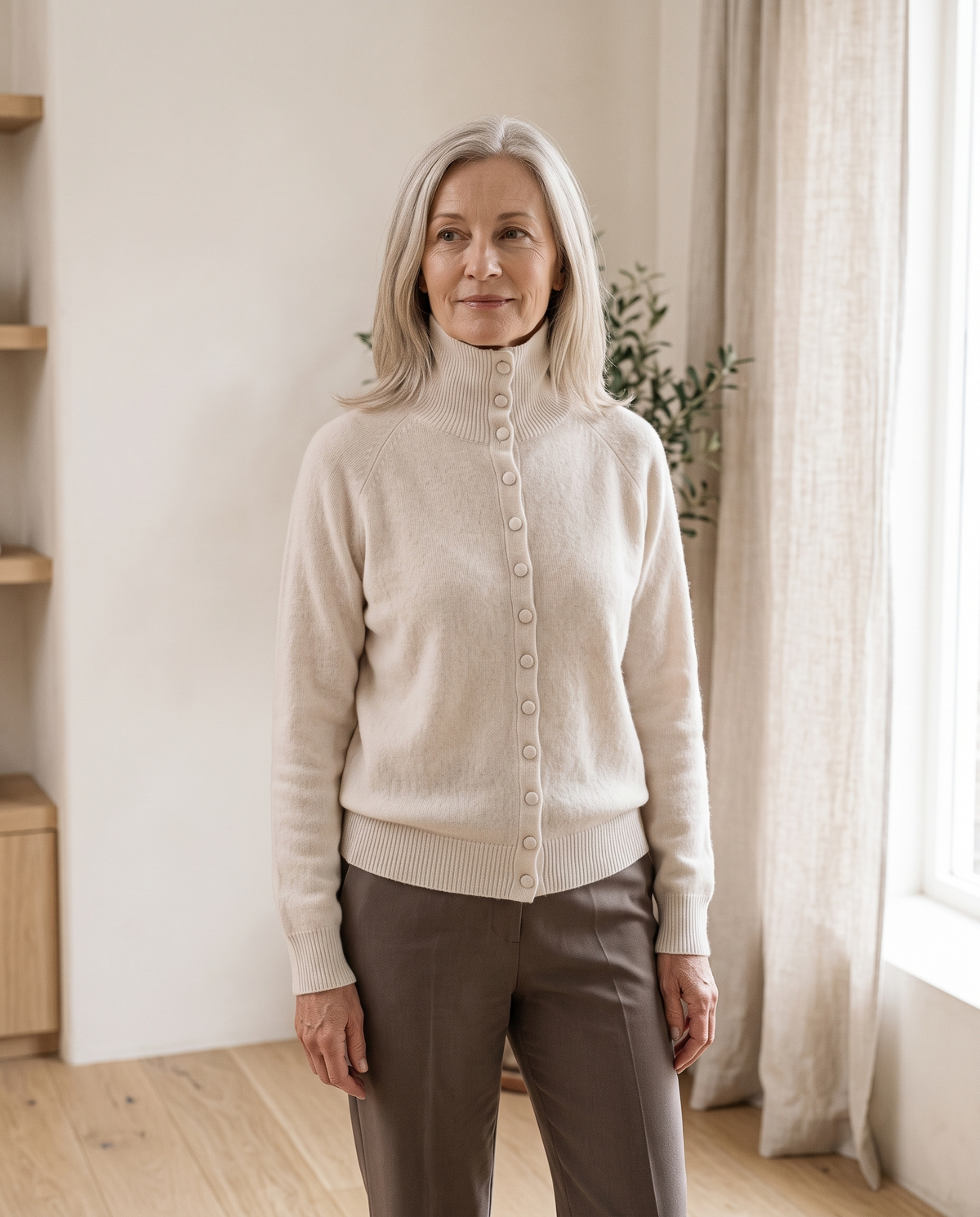Stand-Collar Button Cardigan in Beige