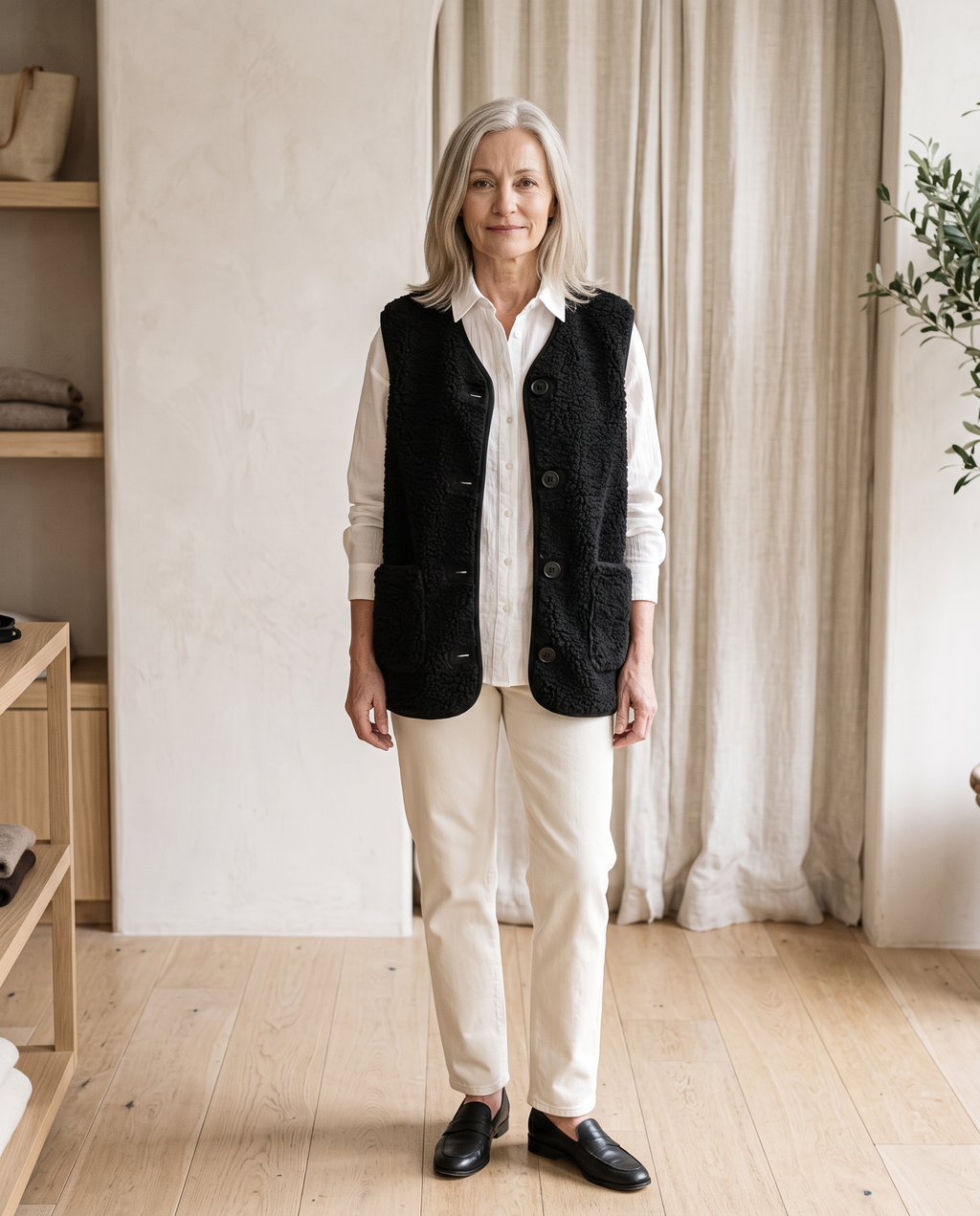 Button-Front Sherpa Vest in Black