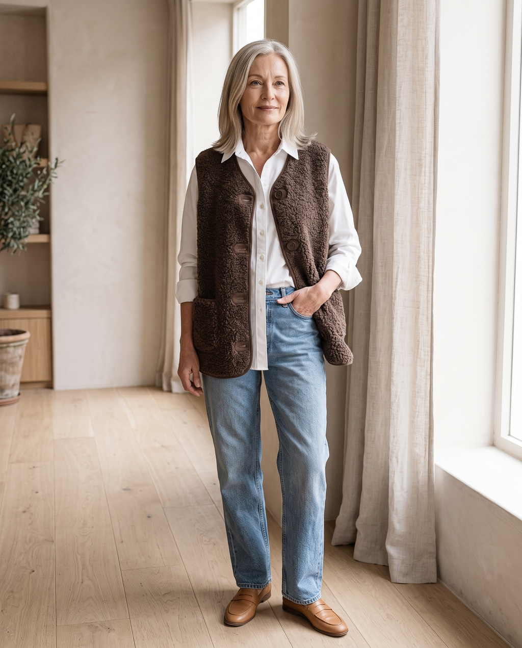 Button-Front Sherpa Vest in Chocolate