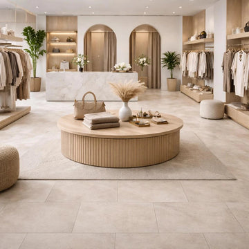 Light boutique interior with neutral clothing on rails and a round oak table