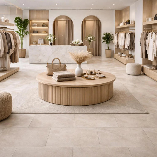 Light boutique interior with neutral clothing on rails and a round oak table