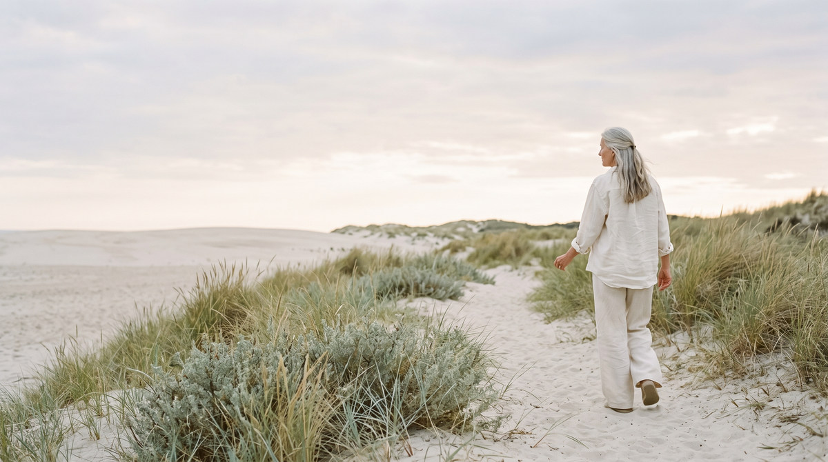 Woman in ivory linen walking along a quiet sandy path through the dunes