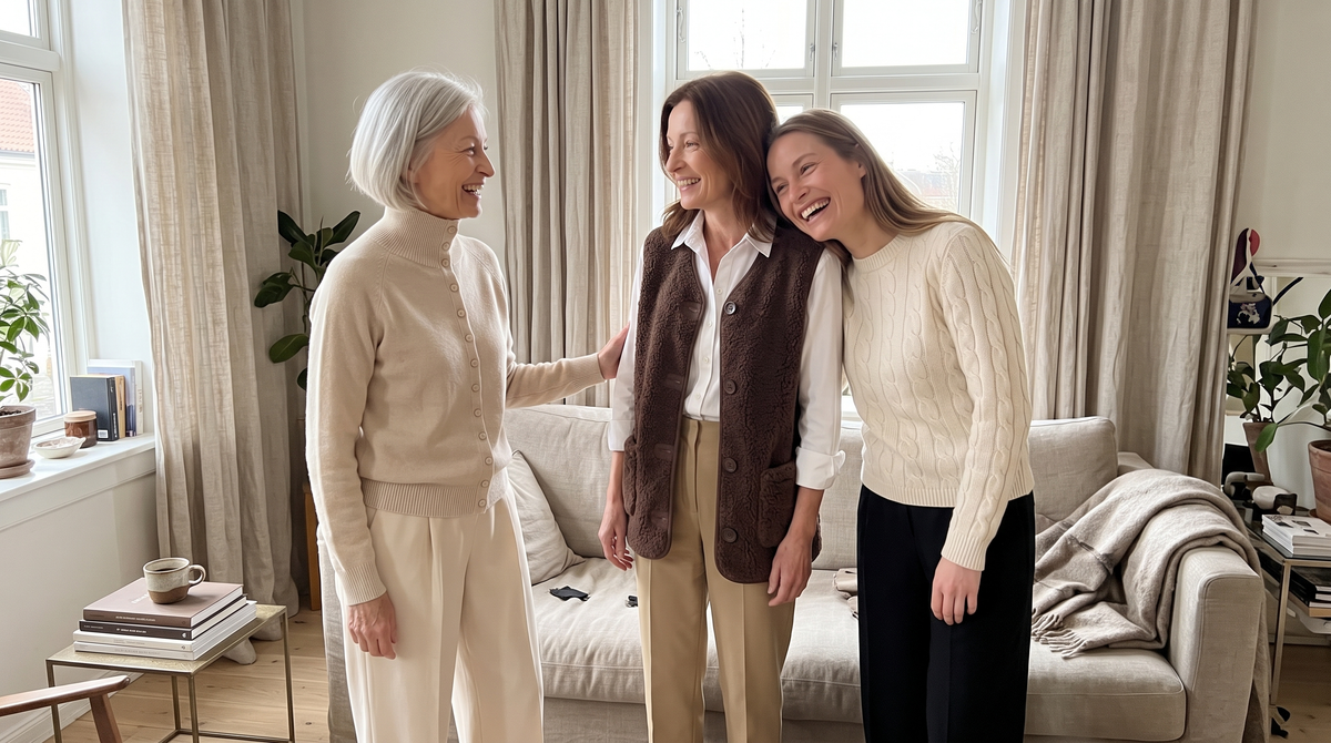 Three women of three generations laughing together in Marielle & Kin knitwear, a sherpa vest and tailored trousers