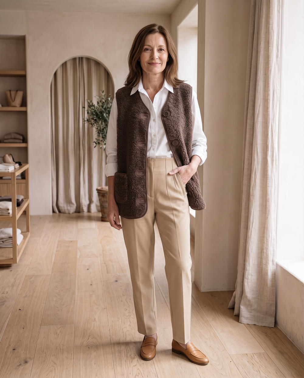Button-Front Sherpa Vest in Chocolate with the High-Waist Straight Trousers in Khaki