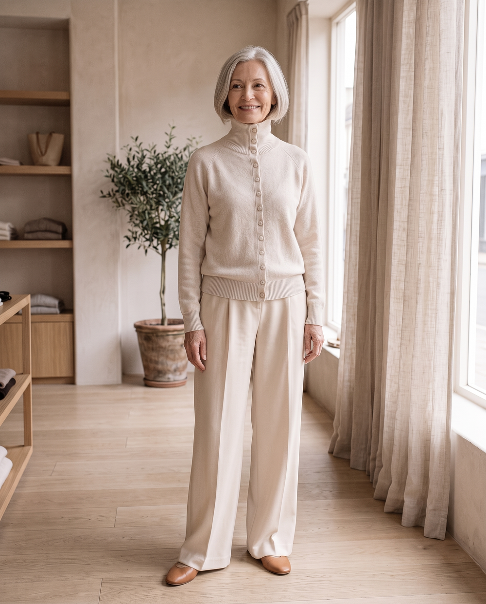 Stand-Collar Button Cardigan in Beige with the Pleated Wide-Leg Trousers in Cream