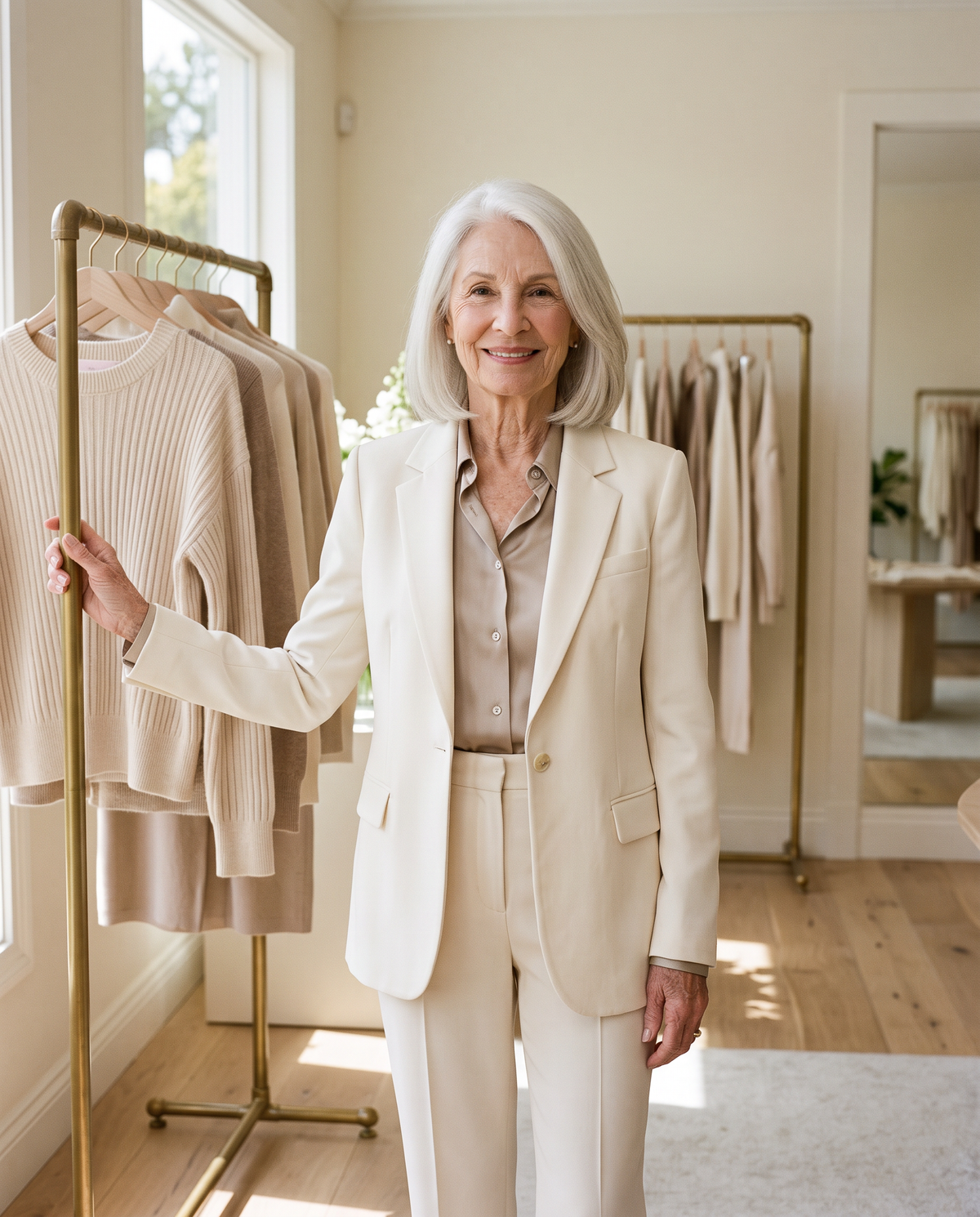 Woman with silver hair in an ivory blazer beside a rail of neutral knitwear